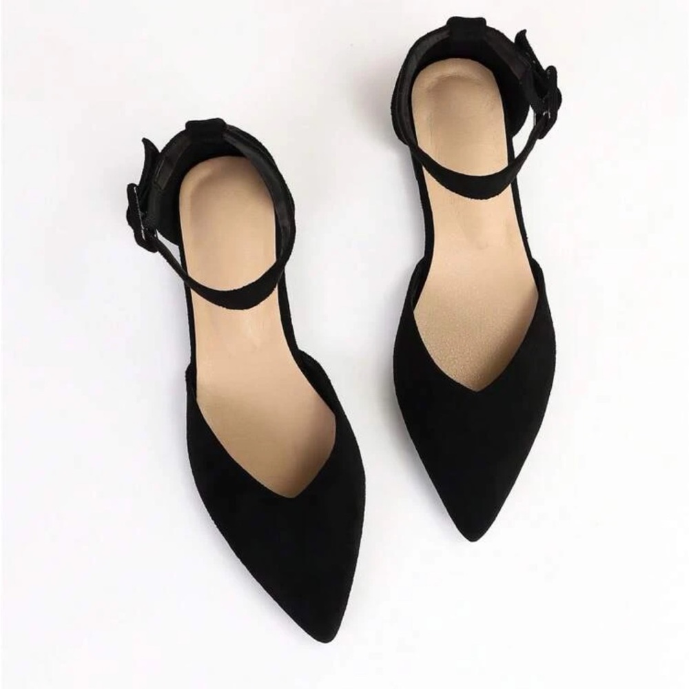 Elegant Black Ankle Strap Flats, Faux Suede.
